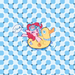 Size: 1500x1500 | Tagged: safe, artist:nainaier007, pinkie pie, earth pony, pony, g4, chibi, dive mask, eyes closed, female, floaty, goggles, mare, modern art, optical illusion, patterned background, pool toy, raised hooves, solo, speech bubble, text