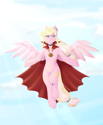 Size: 2957x3600 | Tagged: safe, artist:vieta, oc, oc only, oc:marshmallow bombshell, pegasus, pony, alternate hairstyle, blonde hair, blonde tail, blue eyes, choker, cloak, clothes, cloud, collar, ear piercing, earring, eye clipping through hair, eyebrows, eyebrows visible through hair, eyelashes, feathered wings, female, fluffy hair, fluffy mane, fluffy tail, flying, full body, hair ribbon, jewelry, long eyelashes, long hair, looking at you, mare, marvel, multicolored hair, multicolored mane, multicolored tail, outdoors, pegasus oc, pegasus wings, piercing, pigtails, pink coat, ponytail, pose, raised eyebrows, ribbon, signature, sky, sky background, solo, spread wings, strict, striped hair, striped mane, striped tail, sunshine, tail, two toned hair, two toned mane, two toned tail, white hair, white tail, wings