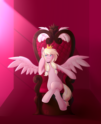 Size: 2957x3600 | Tagged: safe, artist:vieta, oc, oc only, oc:leaenala, pegasus, pony, blonde hair, blonde tail, blue eyes, choker, collar, crossed legs, crown, ear piercing, earring, eye clipping through hair, eyebrows, eyebrows visible through hair, eyelashes, feathered wings, female, fluffy hair, fluffy mane, fluffy tail, full body, hair ribbon, jewelry, long eyelashes, long hair, looking at you, mare, multicolored hair, multicolored mane, multicolored tail, pegasus oc, pegasus wings, piercing, pigtails, pink coat, ponytail, pose, raised eyebrows, regalia, ribbon, signature, smiling, smirk, solo, spread wings, striped hair, striped mane, striped tail, tail, throne, two toned hair, two toned mane, two toned tail, white hair, white tail, wings