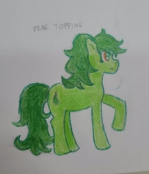 Size: 1949x2276 | Tagged: safe, artist:anonymous, oc, oc only, oc:pear topping, earth pony, pony, g4, earth pony oc, female, female oc, glitter, green coat, green mane, green tail, mare, mare oc, not wallflower blush, pony oc, raised hoof, solo, tail, traditional art