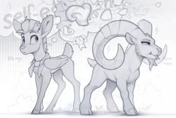 Size: 2400x1610 | Tagged: safe, artist:yakovlev-vad, oc, oc:arny, deer, deer pony, original species, peryton, sheep, barely pony related, big ears, cloven hooves, concave belly, duo, eating, eyebrows, folded wings, grayscale, herbivore, horns, lacrimal caruncle, male, monochrome, muscles, neckerchief, peryton oc, physique difference, quadrupedal, ram, shading, sketch, slender, sternocleidomastoid, thin, warcraft, wings, world of warcraft