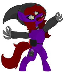 Size: 1280x1280 | Tagged: safe, artist:silverfishv9, oc, oc only, oc:cackle crane (solredrose), demon, demon pony, earth pony, pony, arm warmers, bag, bipedal, book, claws, clothes, collar, dark sclera, earth pony oc, fangs, hat, purple coat, red mane, saddle bag, simple background, solo, transparent background, witch, witch hat