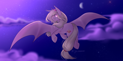 Size: 6000x3000 | Tagged: safe, artist:vieta, oc, oc only, oc:leaenala, bat pony, pony, bat pony oc, bat wings, blonde hair, blonde tail, blue eyes, choker, cloud, collar, ear piercing, ear tufts, earring, eye clipping through hair, eyebrows, eyebrows visible through hair, eyelashes, fangs, female, fluffy hair, fluffy mane, fluffy tail, full body, hair ribbon, horns, jewelry, long eyelashes, long hair, looking at you, mare, multicolored hair, multicolored mane, multicolored tail, night, outdoors, piercing, pigtails, pink coat, ponytail, red eyes, ribbon, signature, sky, smiling, smiling at you, smirk, solo, spread wings, striped hair, striped mane, striped tail, tail, two toned hair, two toned mane, two toned tail, white hair, white tail, wings