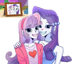 Size: 2390x2048 | Tagged: safe, artist:nimingxiwang168, rarity, sweetie belle, human, equestria girls, forever filly, g4, equestria girls interpretation, female, grin, scene interpretation, screencap reference, sibling love, siblings, simple background, sisterly love, sisters, smiling, white background