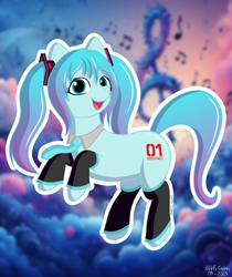 Size: 2480x2953 | Tagged: safe, artist:lurfy, earth pony, pony, clothes, female, hatsune miku, high res, leg warmers, looking at you, mare, necktie, open mouth, open smile, outline, pigtails, ponified, signature, smiling, solo, twintails, vocaloid, white outline