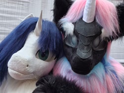 Size: 1663x1247 | Tagged: safe, oc, oc only, oc:light, oc:noir, kirin, nirik, unicorn, duo, fursuit, horn, indoors, irl, photo, ponysuit, selfie