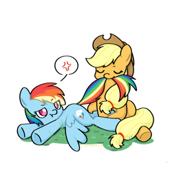 Size: 1000x1000 | Tagged: safe, artist:candywang12648, applejack, fluttershy, rainbow dash, earth pony, pegasus, pony, g4, biting, cute, dashabetes, duo, duo female, eyes closed, female, grass, grumpy, jackabetes, lesbian, lying down, mare, prone, ship:appledash, shipping, simple background, tail, tail bite, white background