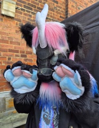 Size: 2535x3272 | Tagged: safe, oc, oc only, oc:noir, kirin, nirik, brick wall, fursuit, glasses, irl, outdoors, photo, ponysuit, solo