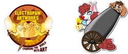 Size: 1209x512 | Tagged: safe, artist:electropawartworks, oc, oc only, oc:popsy, fairy, fairy pony, original species, cannon, clown, clown makeup, clown nose, commission, furry, furry oc, fuse, match, obtrusive watermark, red nose, simple background, sticker, transparent background, watermark, ych result