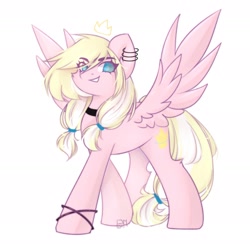 Size: 2179x2160 | Tagged: safe, artist:vieta, oc, oc only, oc:leaenala, pegasus, pony, blonde hair, blonde tail, blue eyes, bracelet, choker, collar, crossed legs, crown, ear piercing, earring, eye clipping through hair, eyelashes, feathered wings, female, fluffy hair, fluffy mane, fluffy tail, footless stockings, full body, hair ribbon, jewelry, long hair, looking at you, mare, multicolored hair, multicolored mane, multicolored tail, pegasus oc, pegasus wings, piercing, pigtails, pink coat, ponytail, regalia, ribbon, signature, simple background, smiling, smiling at you, smirk, socks, solo, spread wings, standing, striped hair, striped mane, striped tail, tail, two toned hair, two toned mane, two toned tail, white background, white hair, white tail, wings