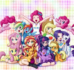 Size: 4699x4430 | Tagged: safe, artist:uotapo, color edit, edit, editor:overlord 2, applejack, fluttershy, pinkie pie, rainbow dash, rarity, sci-twi, sunset shimmer, twilight sparkle, alicorn, earth pony, human, pegasus, pony, unicorn, equestria girls, g4, alternate mane seven, armpits, blushing, comments locked down, eyes closed, female, horn, human coloration, human ponidox, humane five, humane seven, humane six, light skin, light skin edit, looking at you, lying down, mane six, mare, one eye closed, open mouth, open smile, pinkie being pinkie, prone, self paradox, self ponidox, sitting on lap, skin color edit, smiling, smiling at you, spread arms, twilight sparkle (alicorn), waving, waving at you