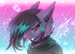 Size: 1246x900 | Tagged: safe, artist:pensu, oc, oc only, oc:pen pressure, earth pony, pony, brown eyes, bust, clothes, collar, crown, detailed background, digital art, digital painting, gradient background, hoodie, jewelry, lineless, long mane, nonbinary, piercing, purple coat, regalia, solo