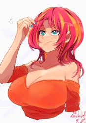 Size: 1400x2000 | Tagged: safe, artist:sozglitch, sunset shimmer, human, g4, :/, big breasts, breasts, busty sunset shimmer, cleavage, huge breasts, nail polish, redhead, teal eyes