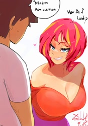 Size: 1400x2000 | Tagged: safe, artist:sozglitch, sunset shimmer, oc, oc:anon, human, g4, big breasts, breasts, busty sunset shimmer, cleavage, grin, huge breasts, neuron activation, redhead, smiling, teal eyes