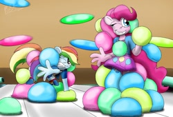 Size: 1400x950 | Tagged: safe, artist:mrsilveralpha, pinkie pie, rainbow dash, earth pony, pegasus, anthro, g4, ball expansion, balls, bondage, encasement, female, grin, gritted teeth, growth, kronos unveiled, one eye closed, smiling, sticky, teeth