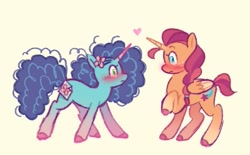 Size: 619x385 | Tagged: safe, artist:nikokatt, misty brightdawn, sunny starscout, alicorn, butterfly, pony, unicorn, g5, blushing, covered cutie mark, duo, duo female, female, heart, horn, lesbian, looking at each other, looking at someone, mare, race swap, ship:sunnydawn, shipping, simple background, sunnycorn, yellow background