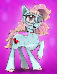 Size: 1563x2025 | Tagged: safe, artist:chopsticks, oc, oc only, oc:charlotte parker, earth pony, pony, black eyeshadow, butt fluff, cheek fluff, chest fluff, concave belly, countershading, cute, ear fluff, ear piercing, earring, eye clipping through hair, eyebrows, eyebrows visible through hair, eyeshadow, female, fluffy, glasses, gradient mane, jewelry, leg fluff, looking at you, makeup, mare, necklace, one eye closed, open mouth, piercing, raised hoof, smiling, smiling at you, solo, stray strand, thin, unshorn fetlocks, wink, winking at you