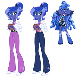 Size: 1280x1280 | Tagged: safe, artist:dazzle, princess luna, vice principal luna, equestria girls, g4, accessory, belt, black nail polish, blue eyeshadow, bun hairstyle, clothes, colored wings, concept, dress, eyeshadow, hair bun, lips, makeup, ponied up, pony coloring, shoulderless, simple background, spread wings, starry hair, striped dress, two toned wings, waifu material, wavy hair, white background, wings, zebra dress