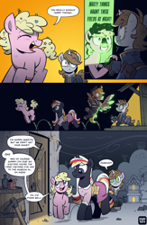 Size: 2480x3794 | Tagged: safe, artist:php104, oc, oc only, oc:calamity, oc:littlepip, oc:pinkie bell, oc:silver bell, oc:velvet remedy, pegasus, pony, unicorn, comic:rock farm, fallout equestria, g4, ammunition, armor, bag, barrel, battle saddle, bottle, clothes, comic, confetti, detailed background, door, dress, fanfic art, female, filly, flying, foal, gun, handgun, horn, jumping, jumpsuit, little macintosh, mare, mare oc, medical saddlebag, night, pickaxe, pipbuck, pony oc, revolver, rock farm, shrug, sitting, smiling, smoke, speech bubble, vault suit, walking, weapon, wings