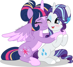 Size: 3859x3500 | Tagged: safe, artist:limedazzle, rarity, twilight sparkle, alicorn, pony, g4, alternate design, alternate hairstyle, duo, duo female, female, hug, lesbian, ship:rarilight, shipping, simple background, snuggling, transparent background, twilight sparkle (alicorn), vector