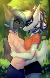 Size: 1390x2160 | Tagged: safe, artist:elektra-gertly, oc, oc:maxi, oc:pixi feather, pegasus, anthro, belly, belly button, breasts, clothes, female, hug, midriff, outdoors, siblings, sisters, smiling, tree, wings