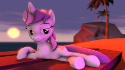 Size: 1280x720 | Tagged: safe, artist:daxterdash, oc, oc only, oc:sweetieck dreams, pony, unicorn, g4, 3d, beach, beautiful, chair, cute, daaaaaaaaaaaw, desk, female, filly, foal, horn, lies, mare, not sweetie belle, ocbetes, outdoors, palm tree, solo, source filmmaker, tree, unicorn horn, vibing