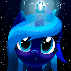 Size: 1894x1894 | Tagged: safe, artist:stellardust, oc, oc only, oc:stellar dust, pony, unicorn, blushing, bust, female, glowing, glowing horn, horn, horn markings, looking at you, mare, open mouth, portrait, solo, sparkles, stars