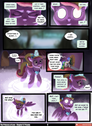 Size: 3541x4846 | Tagged: safe, artist:angusdra, artist:lummh, princess cadance, princess celestia, prismia, alicorn, pony, comic:the princess of love, g4, absurd resolution, blank eyes, blurry background, comic, crown, female, floating, glowing, glowing eyes, glowing horn, hoof shoes, horn, jewelry, magic, mare, necklace, pendant, peytral, princess shoes, regalia, speech bubble, teen princess cadance, telepathy, thought bubble, wings, younger