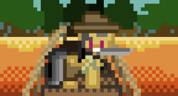 Size: 2400x1300 | Tagged: safe, alternate version, artist:gmodponies, daring do, pegasus, pony, g4, canyon, clothes, digital art, fedora, female, hat, indiana jones, indiana jones and the temple of doom, looking at you, machete, mare, mouth hold, pixel art, ripped sleeves, rope bridge, scene interpretation, solo, this might end in death, torn clothes