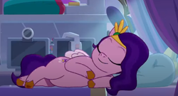 Size: 1008x546 | Tagged: safe, screencap, pipp petals, pegasus, pony, g5, my little pony: tell your tale, nightmare roommate, spoiler:g5, spoiler:my little pony: tell your tale, adorapipp, bed, cropped, crystal brighthouse, cute, eyes closed, indoors, sleeping, smiling, solo