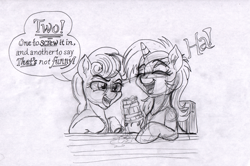 Size: 3281x2177 | Tagged: safe, artist:ciaran, derpibooru exclusive, bon bon, lyra heartstrings, sweetie drops, earth pony, pony, unicorn, g4, alcohol, beer, bubble, chair, dialogue, drink, duo, eyebrows, eyebrows visible through hair, female, foam, hoof hold, horn, joke, laughing, lesbian, looking at each other, looking at someone, looking at something, mare, open mouth, pencil drawing, punchline, ship:lyrabon, shipping, simple background, sitting, smiling, spilled drink, table, talking, traditional art, underhoof, white background