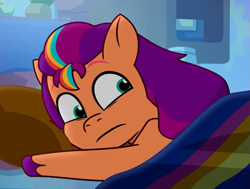 Size: 899x678 | Tagged: safe, screencap, sunny starscout, pony, g5, my little pony: tell your tale, nightmare roommate, spoiler:g5, spoiler:my little pony: tell your tale, spoiler:tyts01e04, bed, cropped, crystal brighthouse, distressed, in bed, indoors, solo