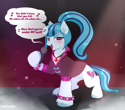 Size: 3390x2985 | Tagged: safe, alternate version, artist:kanaeshka, derpibooru exclusive, sonata dusk, earth pony, pony, rainbow rocks 10th anniversary, g4, bedroom eyes, blushing, clothes, colored hooves, cute, disguise, disguised siren, dust, ear fluff, earth pony sonata dusk, equestria girls ponified, fetlock tuft, gem, hooves, jewelry, long tail, looking at you, magnetic hooves, microphone, necklace, open mouth, open smile, ponified, ponytail, singer, singing, siren gem, smiling, smiling at you, smoke, solo, sparkly eyes, speech bubble, spiked wristband, tail, talking to viewer, under our spell, wingding eyes, wristband