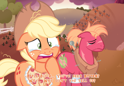 Size: 2360x1640 | Tagged: safe, artist:3ggmilky, applejack, big macintosh, pony, comic:the bite, g4, alternate hairstyle, bandage, bandaged leg, clothes, crying, duo, granny smith's shawl, implied apple bloom, infection au, outdoors, scar, scarf, scarred, teary eyes, torn ear