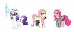 Size: 2265x989 | Tagged: safe, artist:jberg18, fluttershy, pinkie pie, rarity, pony, g4, clothes, cosplay, costume, inoue orihime, retsu unohana, simple background, sword, uryu ishida, weapon, white background