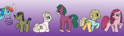 Size: 2500x740 | Tagged: safe, artist:jberg18, madame leflour, mr. turnip, pinkie pie, rainbow dash, rocky, sir lintsalot, pony, g4, cigar, gradient background, pinkamena diane pie, ponified