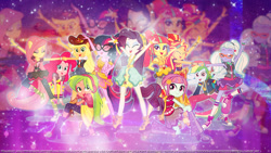 Size: 1024x576 | Tagged: safe, artist:endlesssorcerer, artist:limedazzle, applejack, fluttershy, lemon zest, pinkie pie, rainbow dash, rarity, sci-twi, sour sweet, sugarcoat, sunny flare, sunset shimmer, twilight sparkle, human, equestria girls, equestria girls specials, g4, my little pony equestria girls: dance magic, disco dress, female, flamenco dress, humane five, humane seven, humane six, ponied up, rapper dash, sunset shimmer flamenco dress, wallpaper