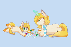 Size: 2048x1365 | Tagged: safe, artist:mscolorsplash, oc, oc only, pony, unicorn, clothes, commission, crayon, cute, drawing, duo, duo female, eyebrows, eyebrows visible through hair, female, filly, foal, glowing, glowing horn, horn, light blue background, lying down, mare, mouth hold, prone, scarf, simple background, sploot, striped scarf