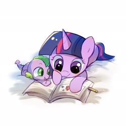 Size: 2048x2048 | Tagged: safe, artist:夏天就要吃冰糕, spike, twilight sparkle, dragon, pony, unicorn, g4, baby, baby dragon, baby spike, blushing, book, brother and sister, cute, duo, duo male and female, female, filly, filly twilight sparkle, foal, hoof on cheek, horn, lying down, male, pencil, prone, reading, siblings, simple background, smiling, sparkle siblings, spikabetes, twiabetes, unicorn twilight, white background, wingless spike, younger