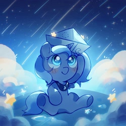 Size: 2048x2048 | Tagged: safe, artist:夏天就要吃冰糕, princess luna, alicorn, pony, g4, blushing, cartographer's cap, cloud, female, filly, filly luna, foal, gradient background, hat, outdoors, paper boat, rain, sitting, solo, spread legs, spread wings, spreading, stars, wings, woona, younger