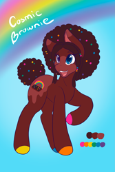 Size: 1365x2048 | Tagged: safe, artist:mscolorsplash, oc, oc only, oc:cosmic brownie, earth pony, pony, adoptable, afro, coat markings, colored hooves, colored pupils, female, hooves, mare, multicolored hooves, open mouth, open smile, ponified, rainbow, smiling