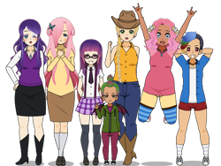 Size: 800x600 | Tagged: safe, artist:lemonjams, applejack, fluttershy, pinkie pie, rainbow dash, rarity, spike, twilight sparkle, human, g4, arm behind head, belt, blushing, boots, clothes, cowboy boots, denim, dragon wings, female, glasses, grin, hair over one eye, height difference, high heel boots, human spike, humanized, jeans, kisekae, light skin, looking at you, male, mane seven, mane six, necktie, pants, plaid skirt, shirt, shoes, simple background, skirt, smiling, smiling at you, socks, striped socks, suspenders, sweater vest, tan skin, transparent background, winged humanization, winged spike, wings