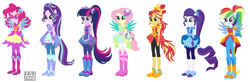 Size: 1280x422 | Tagged: safe, artist:selenaede, artist:xxdavid5000xx, fluttershy, pinkie pie, rainbow dash, rarity, starlight glimmer, sunset shimmer, twilight sparkle, human, equestria girls, g4, boots, cowboy boots, crystal guardian, high heel boots, humane five, humane seven, humane six, shoes, simple background, solo, white background