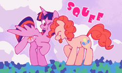 Size: 624x373 | Tagged: safe, artist:driftwoodpony, pinkie pie, twilight sparkle, alicorn, earth pony, pony, g4, cheek squish, cute, diapinkes, duo, duo female, eyes closed, female, headbutt, lesbian, mare, nuzzling, one eye closed, ship:twinkie, shipping, silly, spread wings, squishy cheeks, standing on two hooves, tongue out, twiabetes, twilight sparkle (alicorn), wings