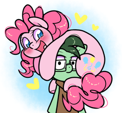 Size: 924x852 | Tagged: safe, artist:paperbagpony, pinkie pie, oc, oc:dimbulb, g4, glasses, hug, looking at you