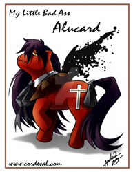 Size: 1024x1326 | Tagged: safe, artist:amelie-ami-chan, pony, undead, vampire, series:my little bad ass, 2010, alucard, bow, deviantart watermark, fangs, hellsing, male, obtrusive watermark, ponified, raised hoof, simple background, solo, stallion, tail, tail bow, watermark, white background