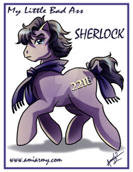 Size: 1024x1326 | Tagged: safe, part of a set, earth pony, pony, series:my little bad ass, 2012, bow, clothes, deviantart watermark, looking at you, male, obtrusive watermark, part of a series, ponified, scarf, sherlock, signature, simple background, stallion, tail, tail bow, trotting, unimpressed, watermark, white background