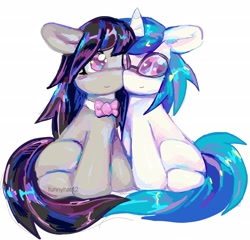 Size: 2048x1962 | Tagged: safe, artist:funnyhat12, dj pon-3, octavia melody, vinyl scratch, earth pony, pony, unicorn, g4, bangs, blush lines, blushing, bowtie, duo, duo female, ear fluff, female, glasses, heart, holding tails, horn, lesbian, looking at someone, mare, octavia's bowtie, ship:scratchtavia, shipping, signature, simple background, sitting, sitting together, smiling, vinyl's glasses, white background