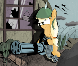 Size: 1214x1018 | Tagged: safe, artist:caralowhigh, applejack, g4, broken window, gun, helmet, minigun, outdoors, plane, ponyville, solo, war, weapon, window