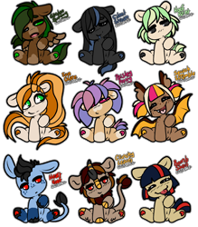 Size: 3942x4500 | Tagged: safe, artist:sexygoatgod, oc, oc only, oc:bomb shell, oc:crunchy leaves, oc:garden gummy, oc:heart hoof, oc:hoof paint, oc:paisley pretty, oc:silent stream, oc:squash scramble, oc:sun glare, pony, adoptable, female, male, simple background, transparent background